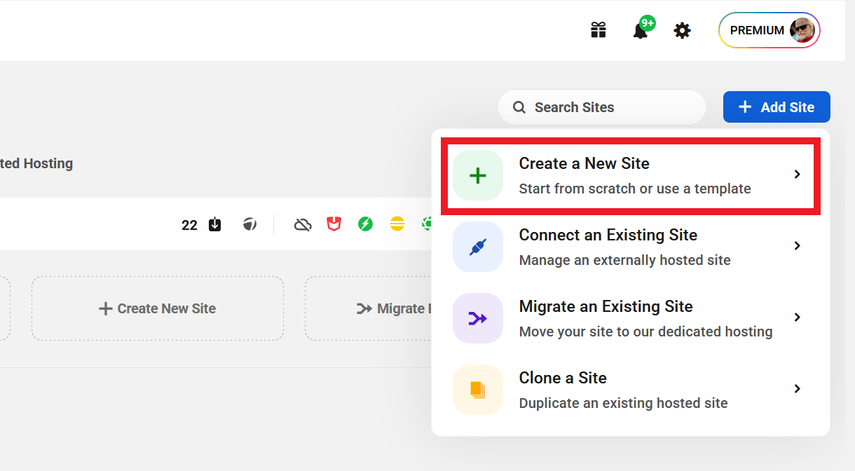 Create a new WPMU DEV hosted site in The Hub