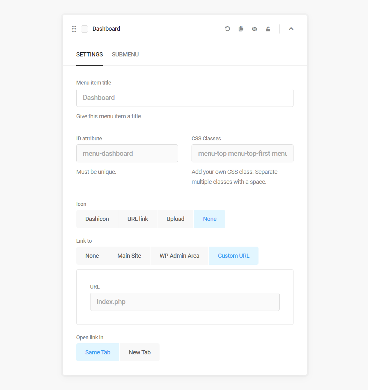 Customize admin menu item settings in Branda