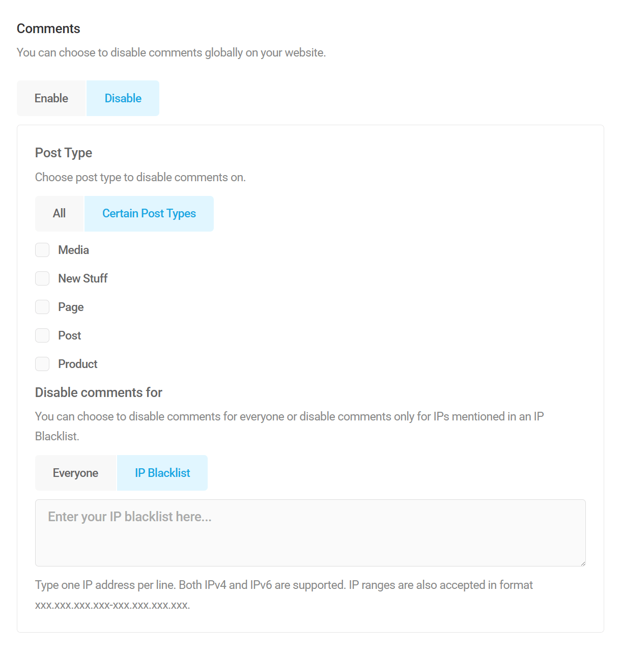 Comments options in Branda comments control module