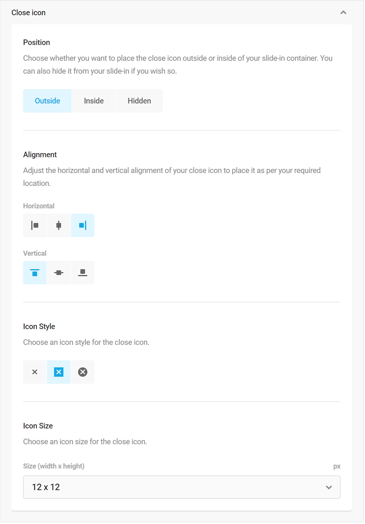 Close icon appearance settings in Hustle