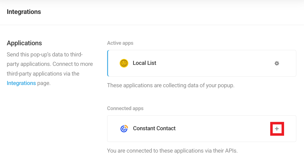 Select Constant Contact integrated app in Hustle opt-in module