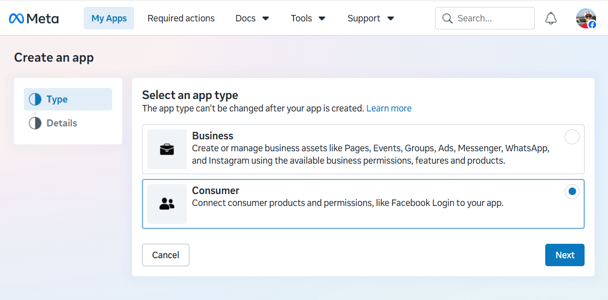 Select type for a legacy app at Facebook