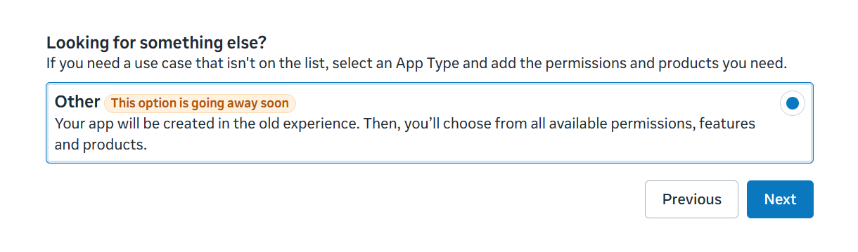 Select Other use case for a legacy app at Facebook