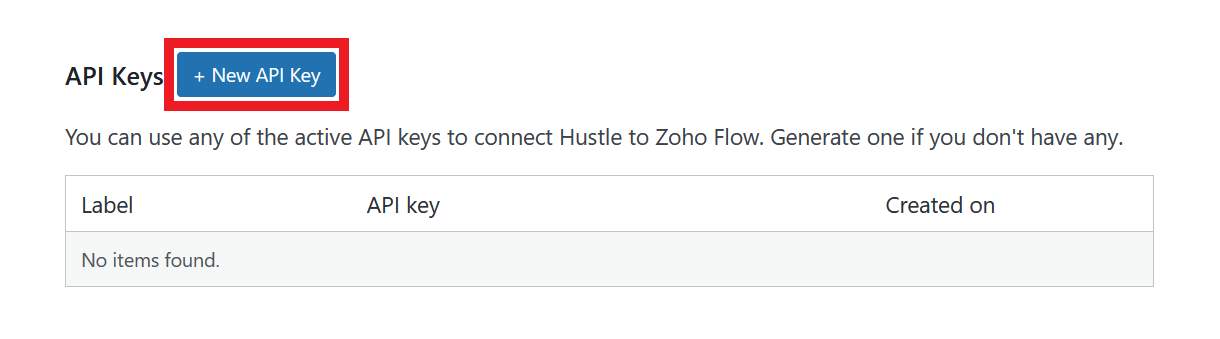 Create API key for Hustle integration with Zoho Flow
