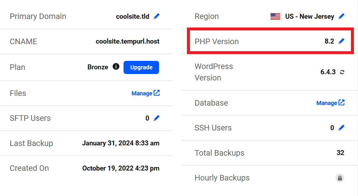 Current PHP version for a hosted site