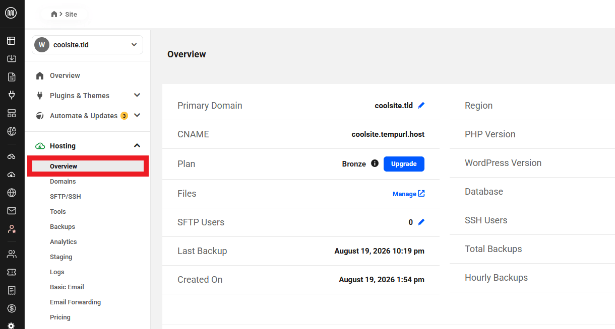 Hosting overview screen for a hosted site in the Hub