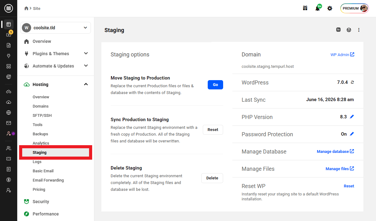 Access the Staging feature of a WPMU DEV hosted site