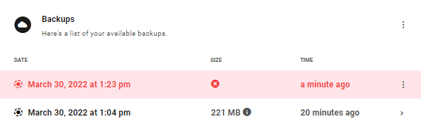 Failed backups seen in the Hub