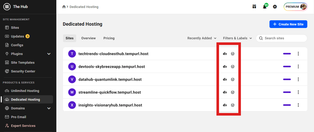 Site list on the Dedicated Hosting landing page in The Hub