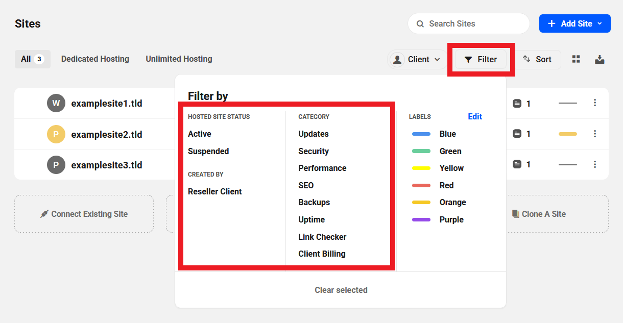 Filter sites by category on the Sites screen in The Hub