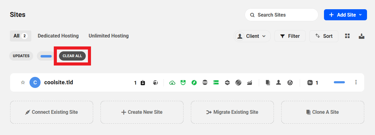 Clear all filters in the sites list