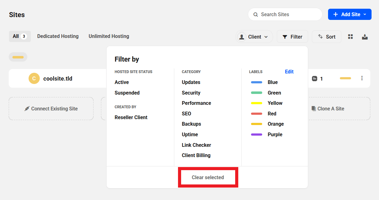 Clear selected filters in the sites list