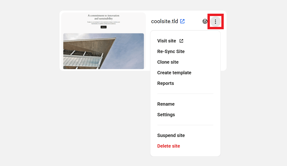 Site options icon in Sites grid view