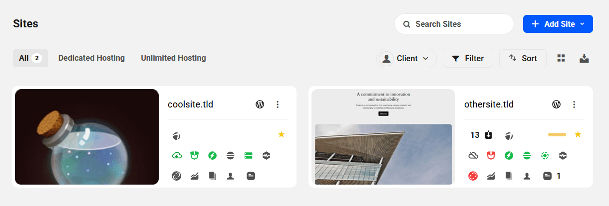 Sites grid view in The Hub