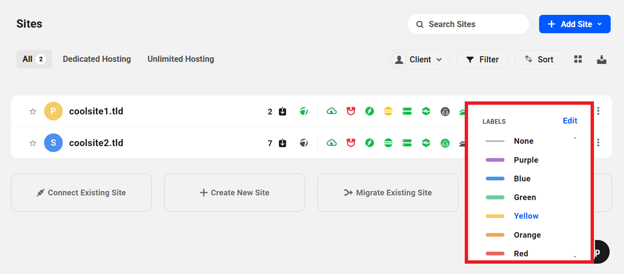Assign site labels in The Hub