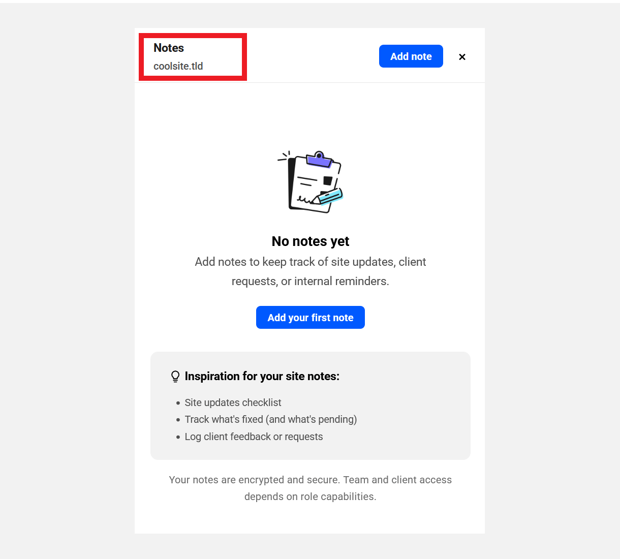 Site name shown when adding notes from the Sites screen