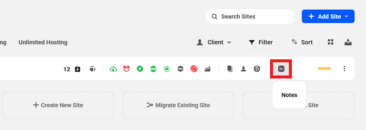 Site Notes icon on the Sites screen