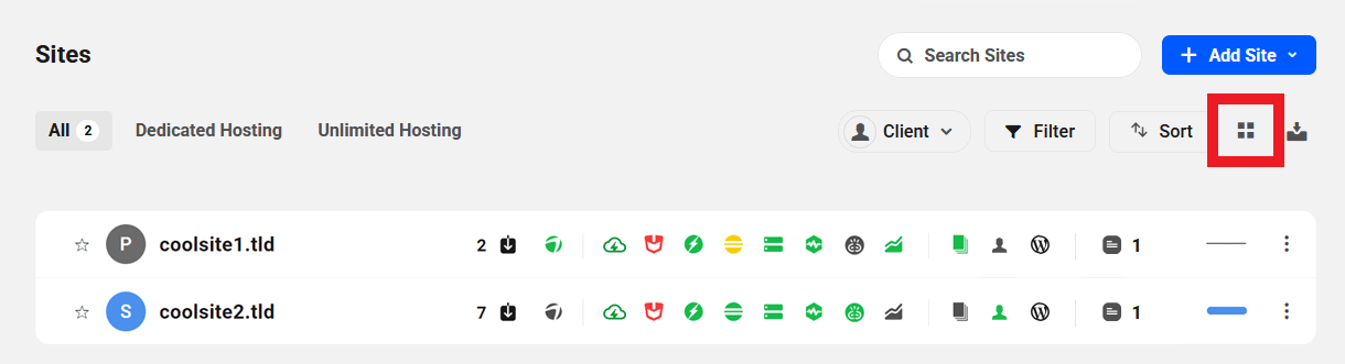 Toggle on grid view in the sites list