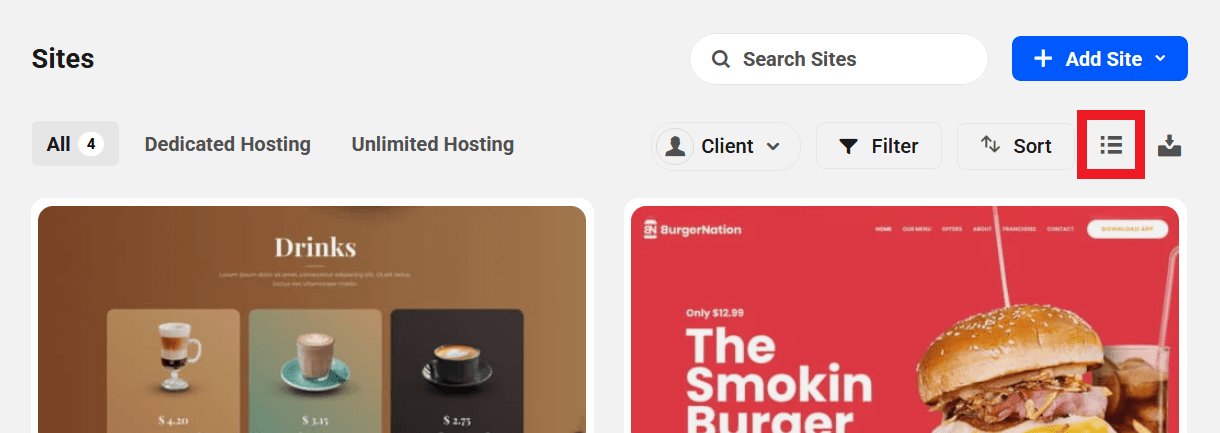 Switch to List View on the My Sites screen in The Hub