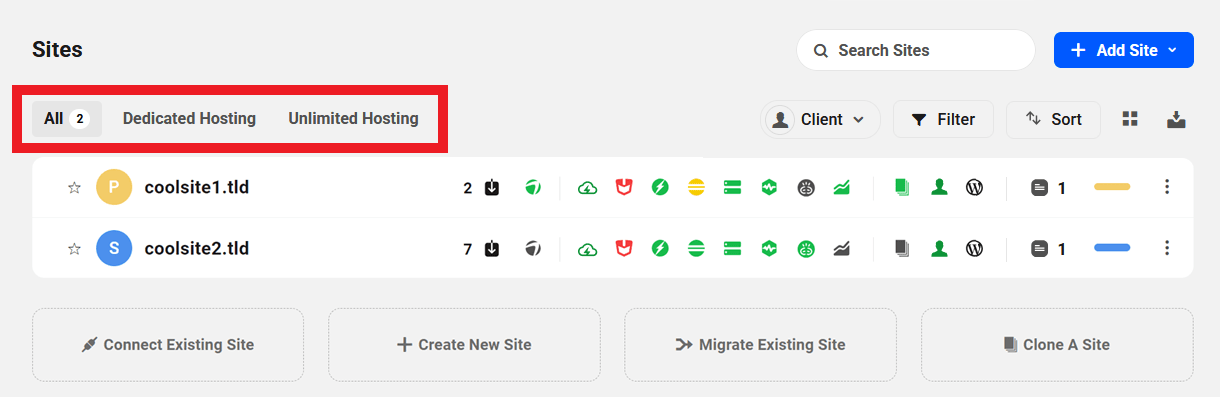 Filter hosted sites on the Sites screen in The Hub