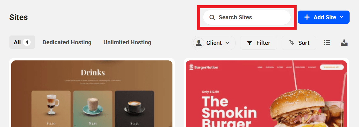 Search sites on the My Sites screen in The Hub
