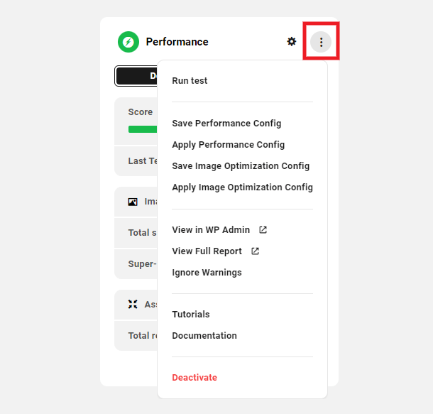 Performance module settings dropdown menu