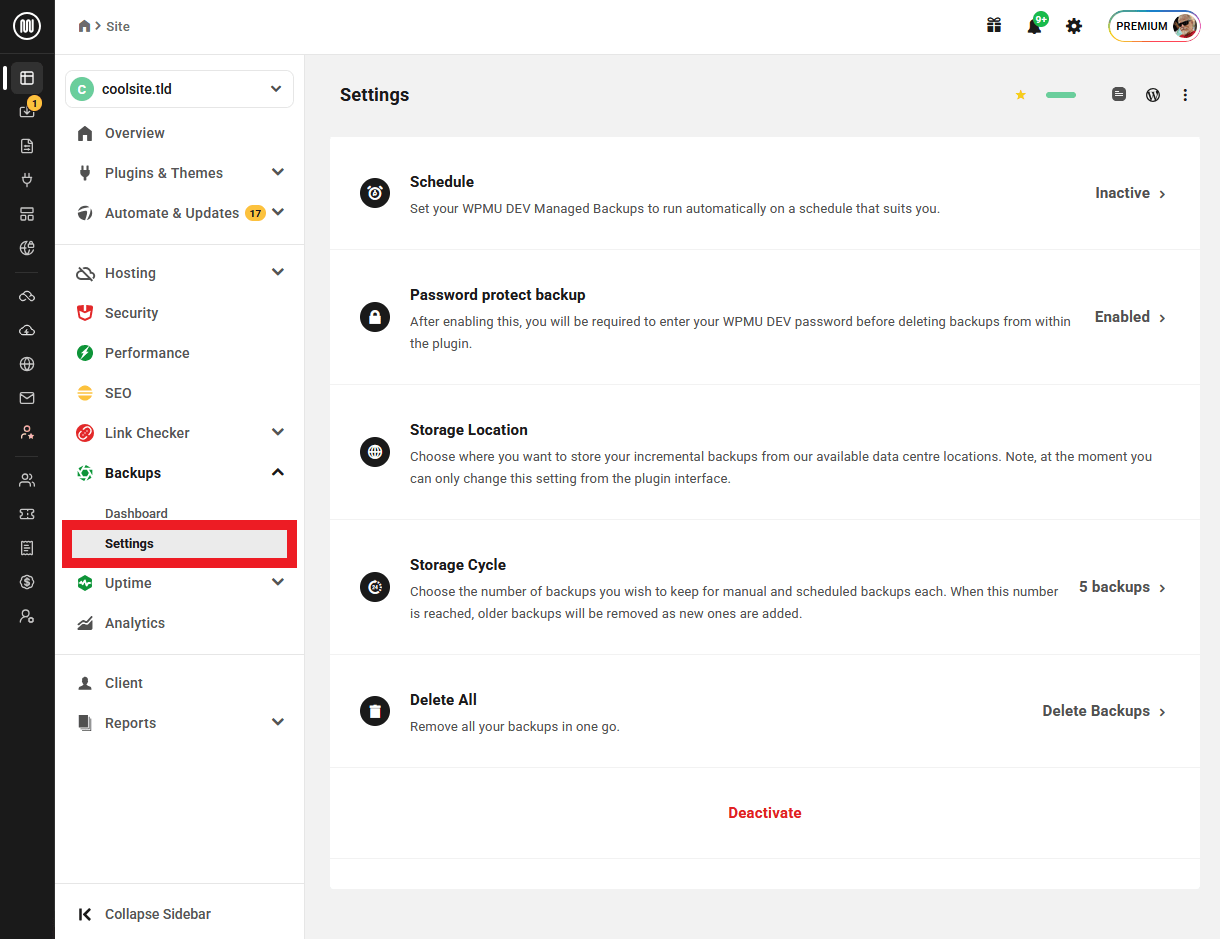Backups settings in The Hub