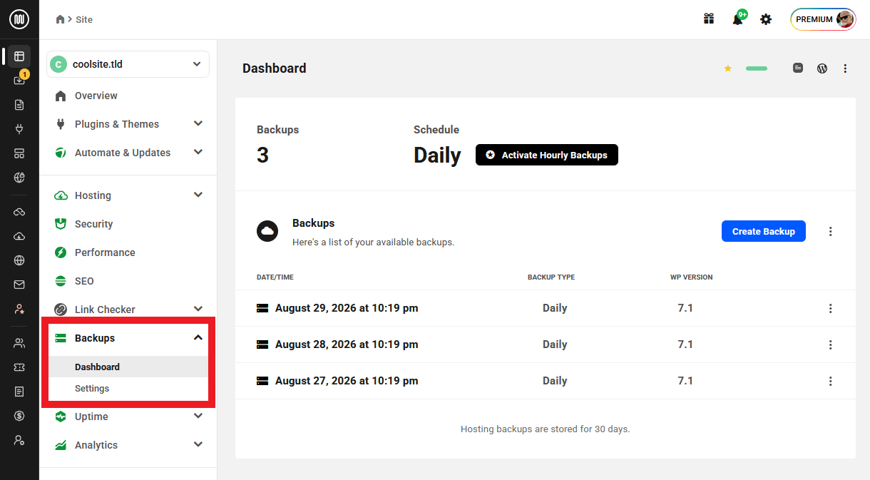 Managing backups in The Hub