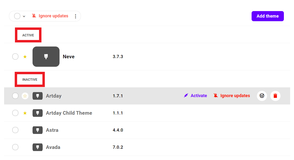 Manage themes for a site in the Hub