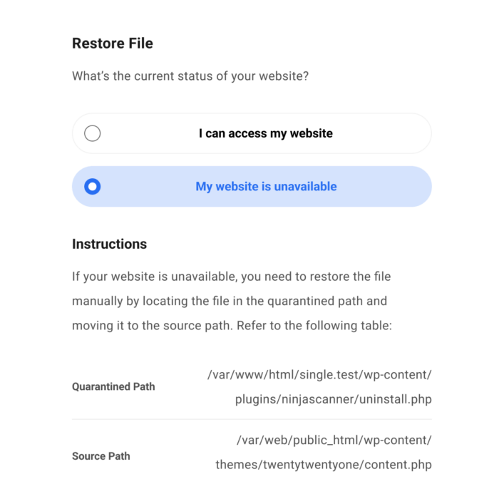 restore quarantine file from hub