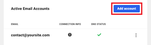 Allows the user to configure a new email account for a site.