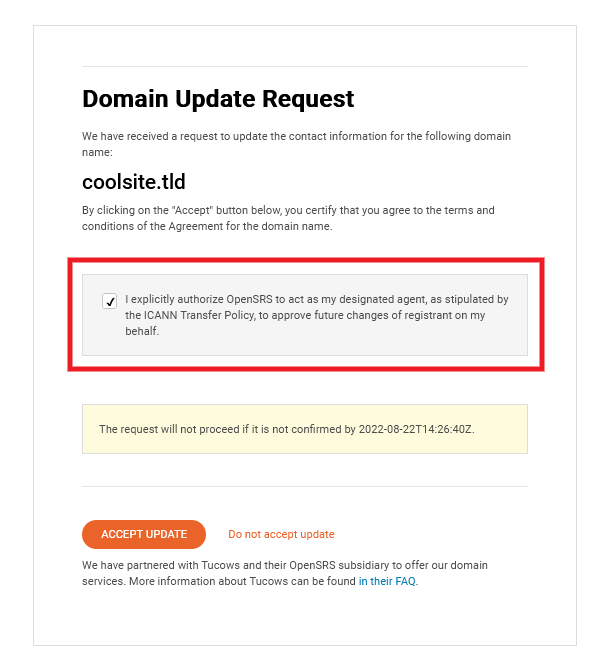 Authorize Tucows as designated agent
