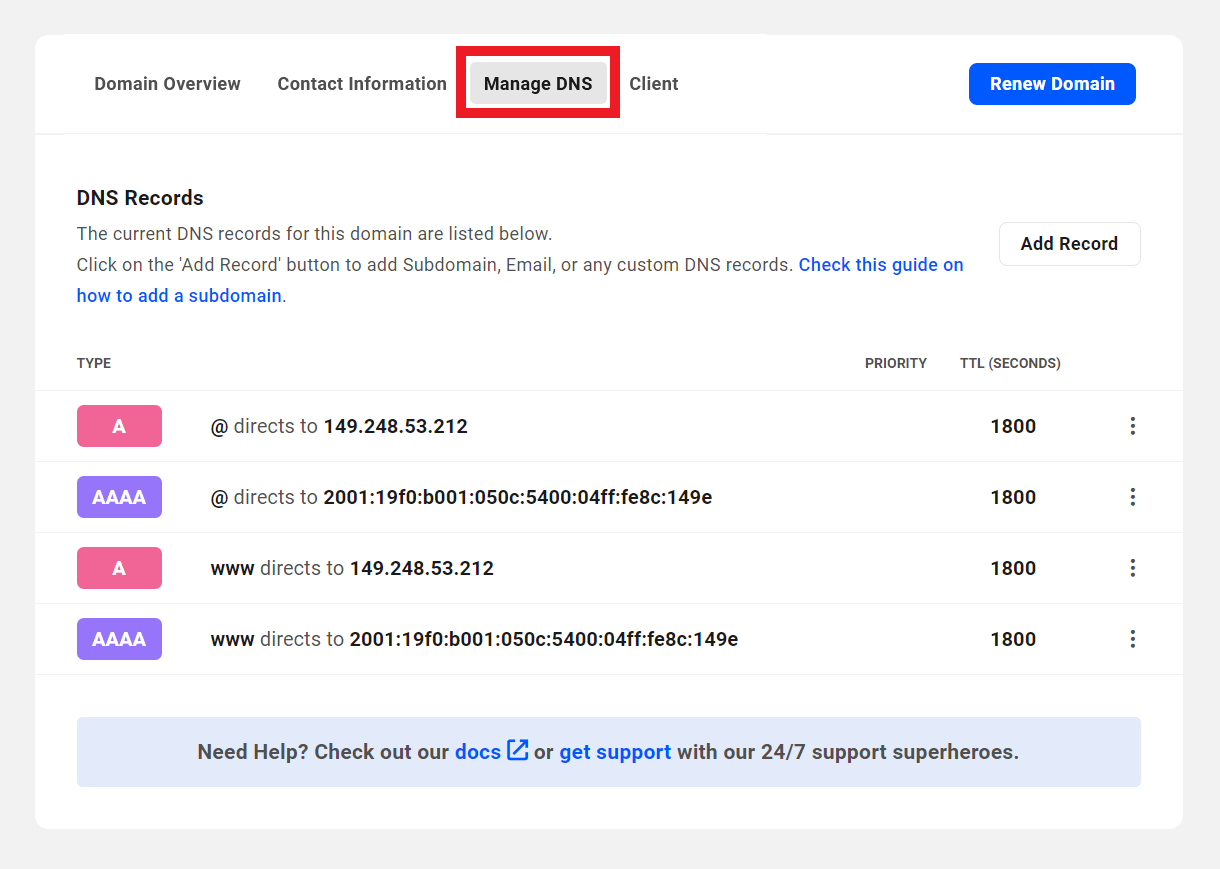 Manage DNS tab for a registered domain in the Hub