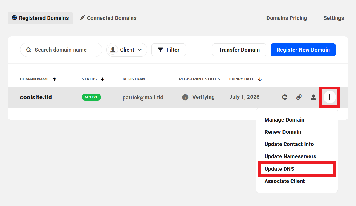Update DNS option for registered domains