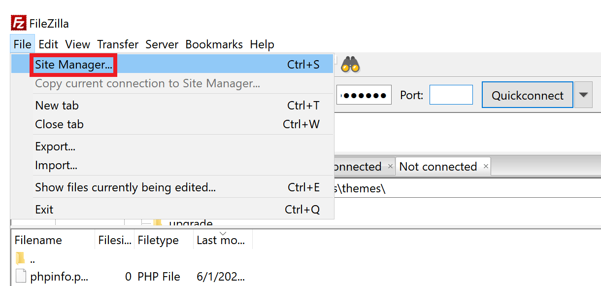 filezilla site manager