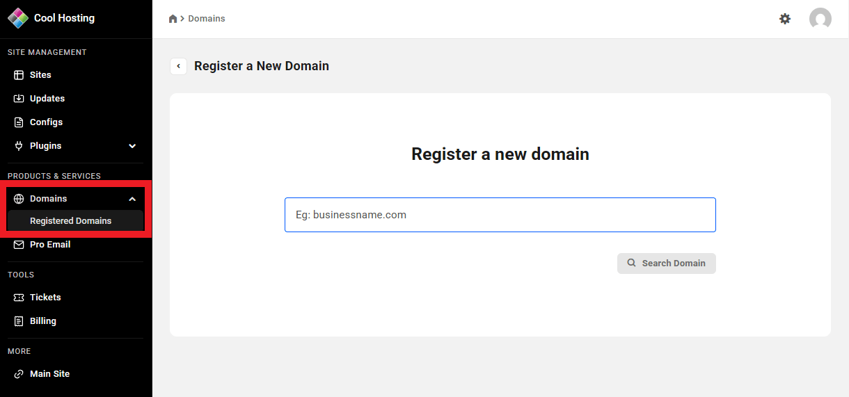 Domains location in the Hub Client menu