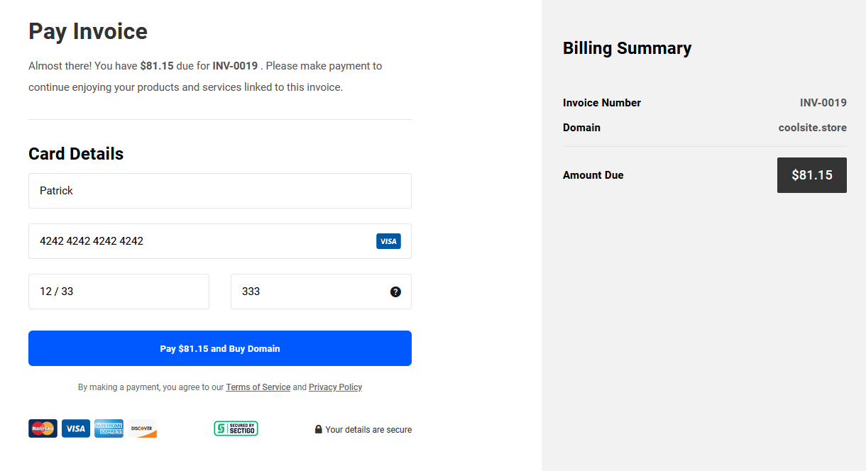 Invoice for a new domain in the Client Portal