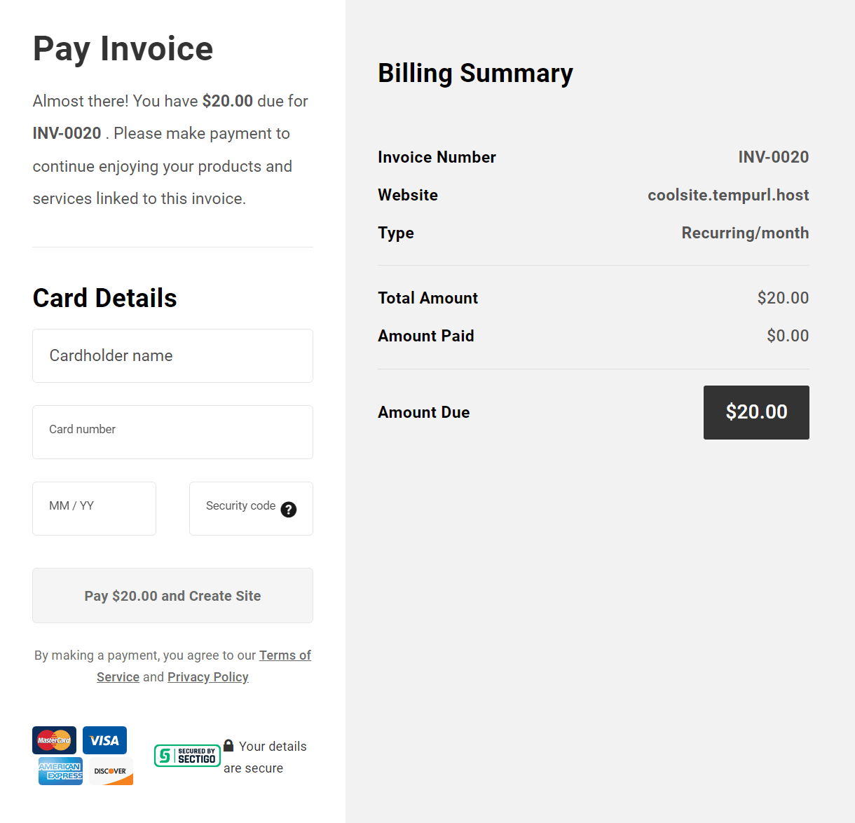 Invoice for a new hosting site in the Client Portal