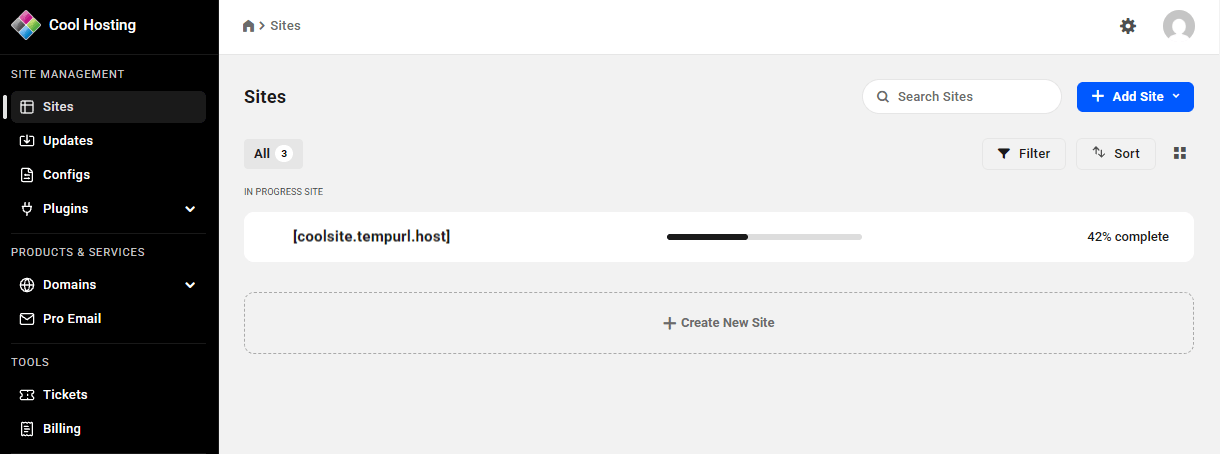 Site creation progress for a new hosting site in the Client Portal