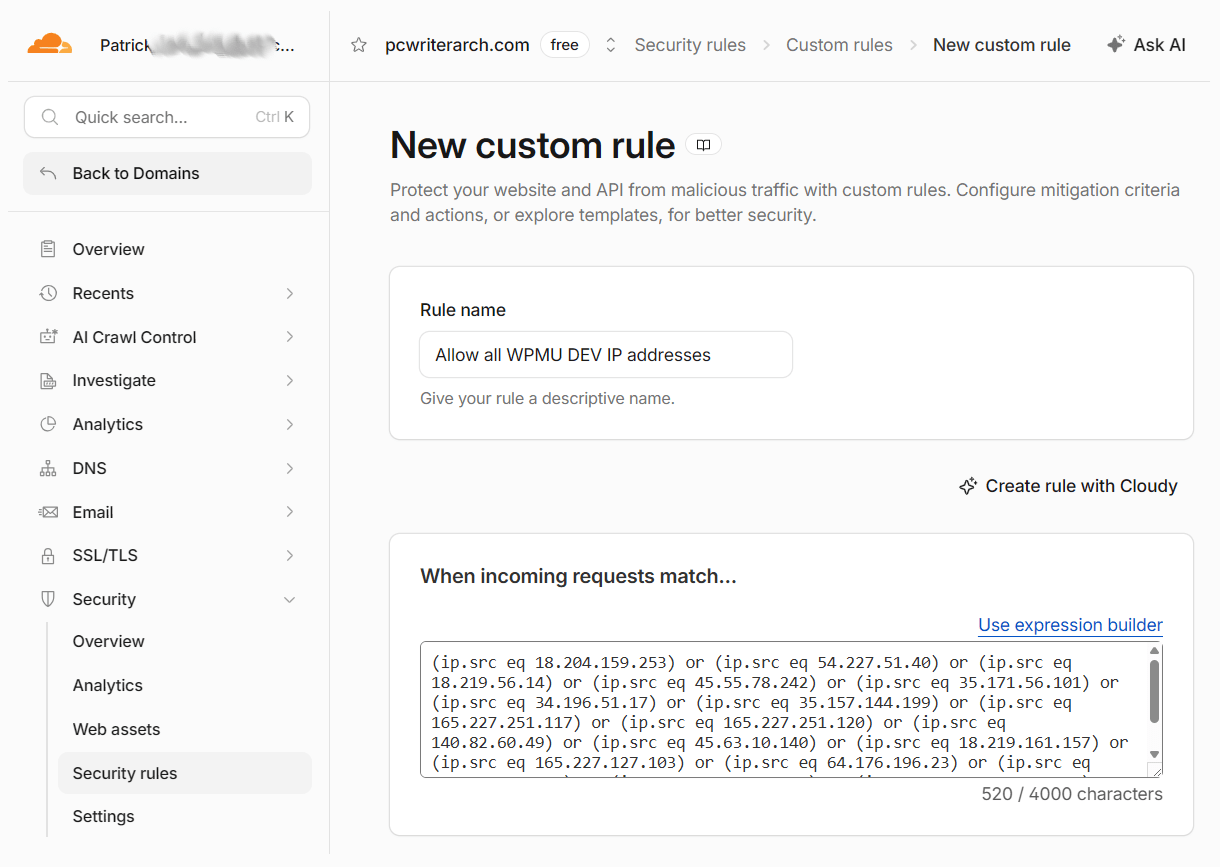 Add a custom security rule in Cloudflare