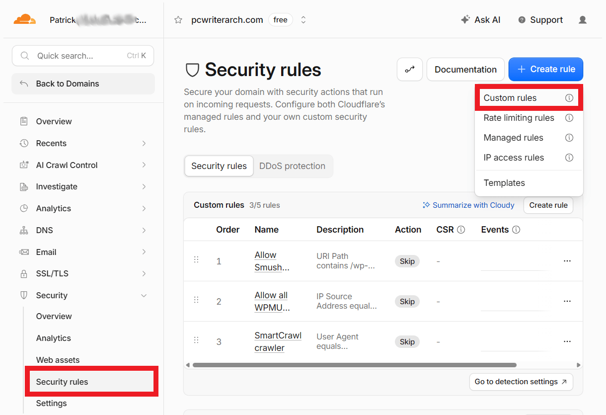 Create a security rule at Cloudflare
