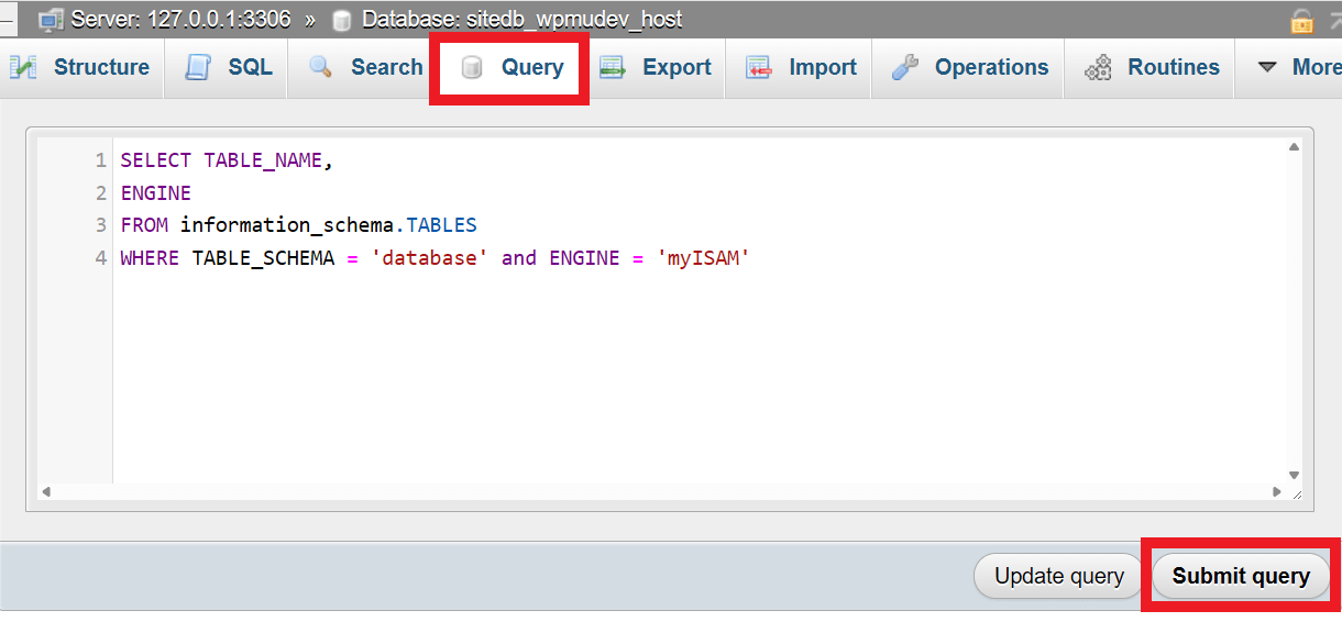 Querying for MyISAM tables in phpMyAdmin