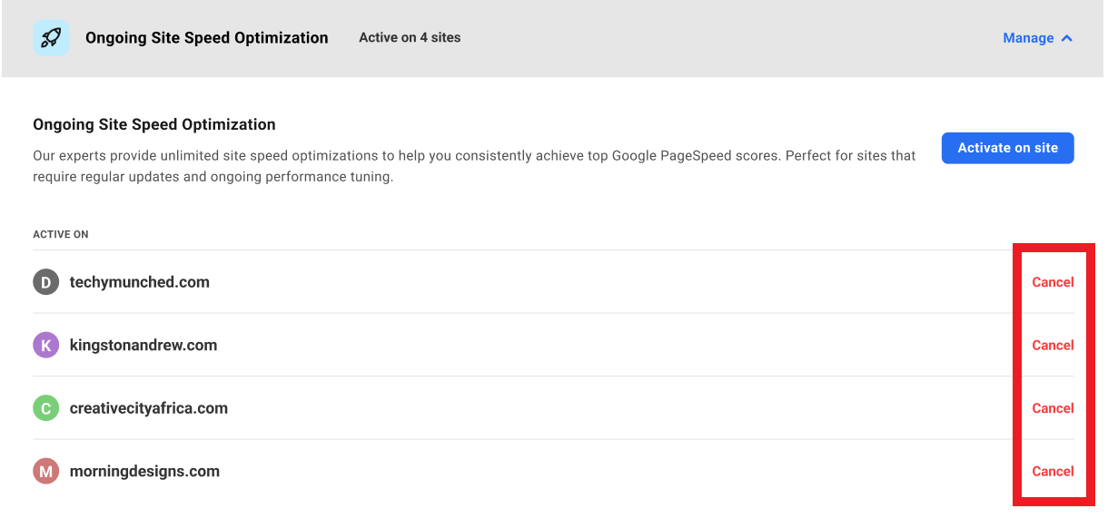 Cancel site speed optimization subscriptions