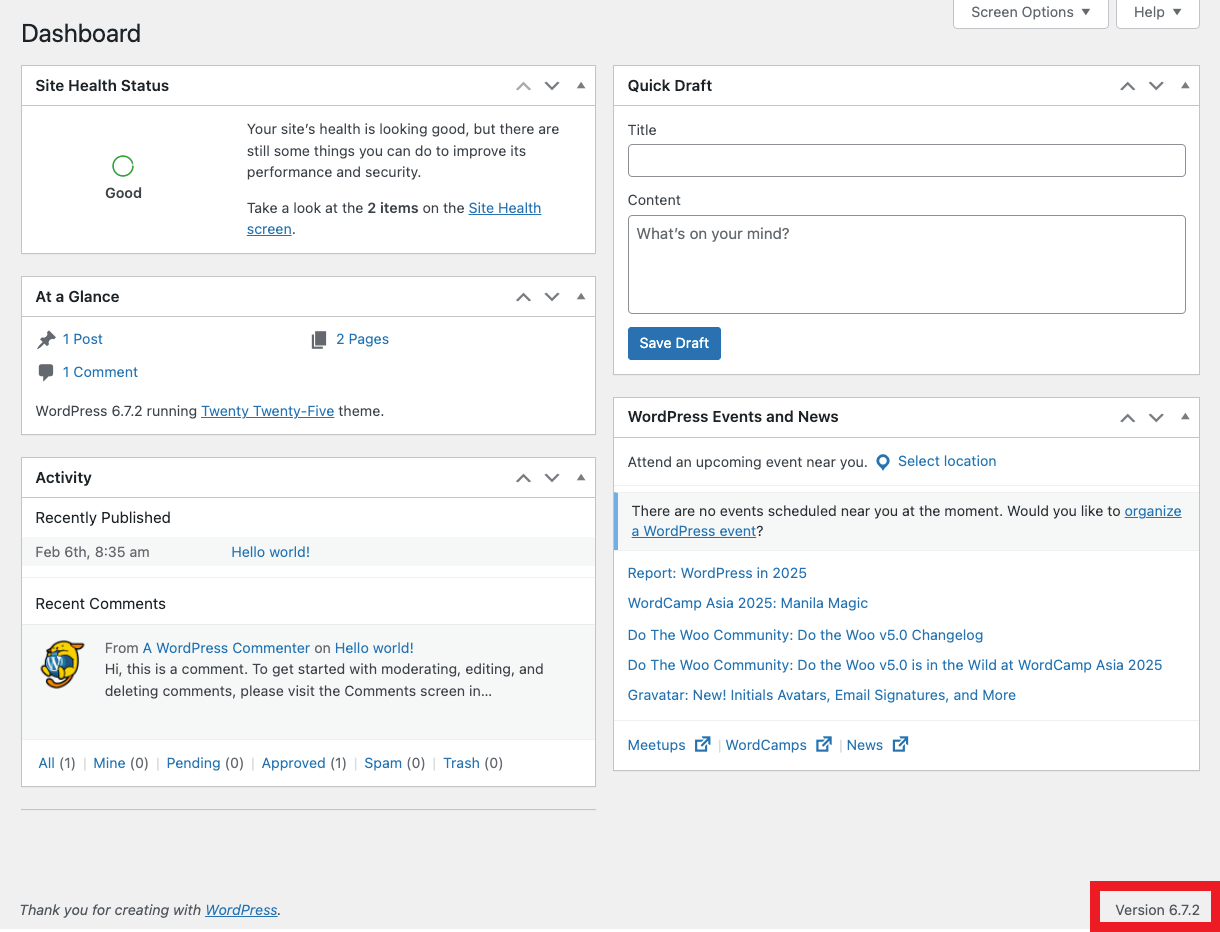 WordPress version on wp admin