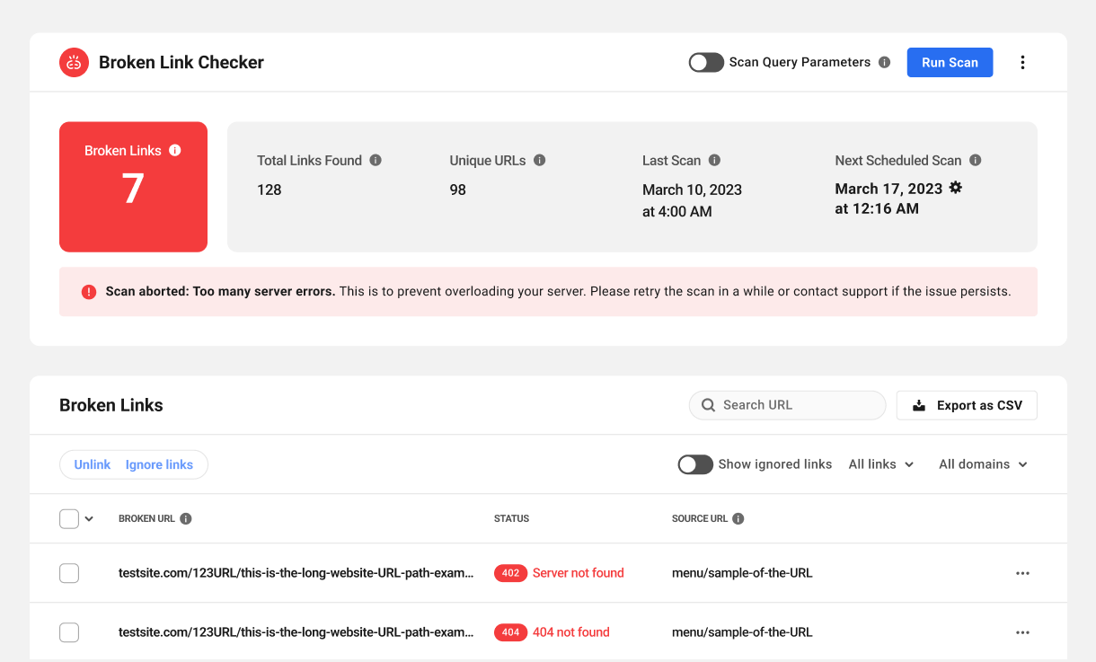 Broken Link Checker notice when the scan is aborted due to too many server errors