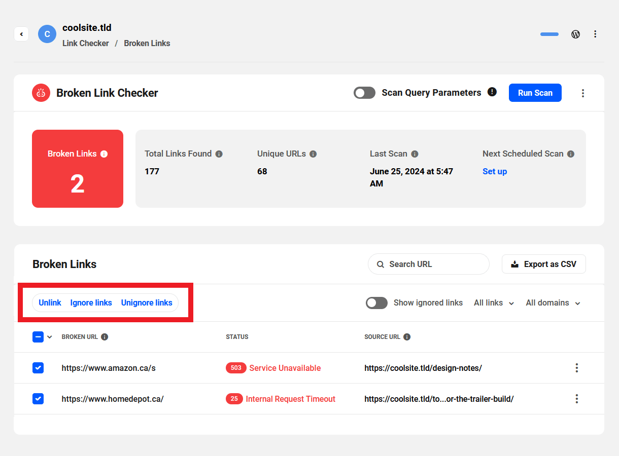 Broken link bulk management options