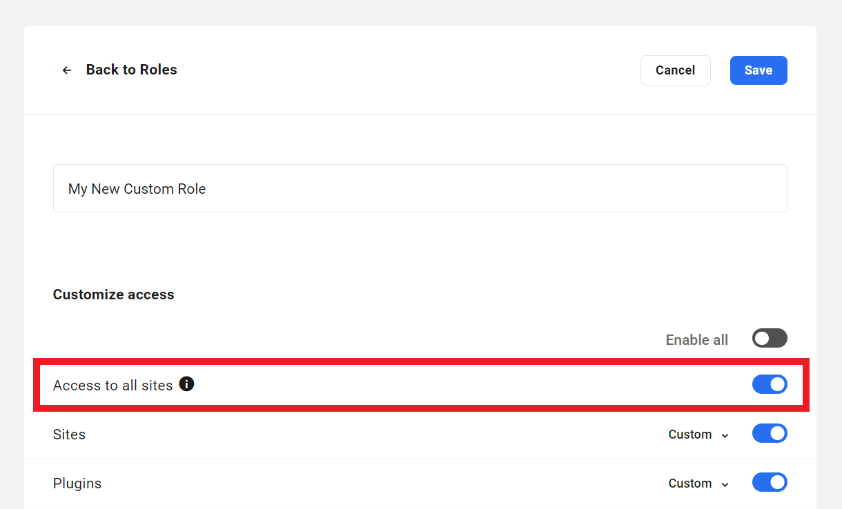 Allows the user to access all sites in the Hub, including sites added in the future.