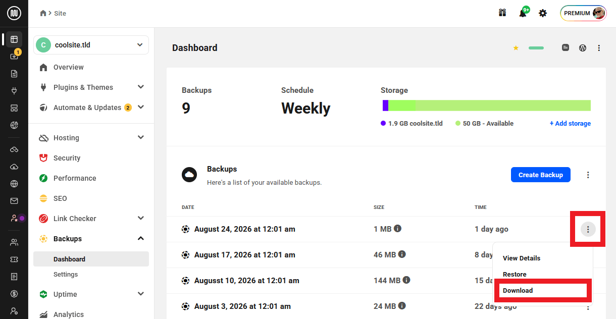 Allows the user to download an existing backup of a site