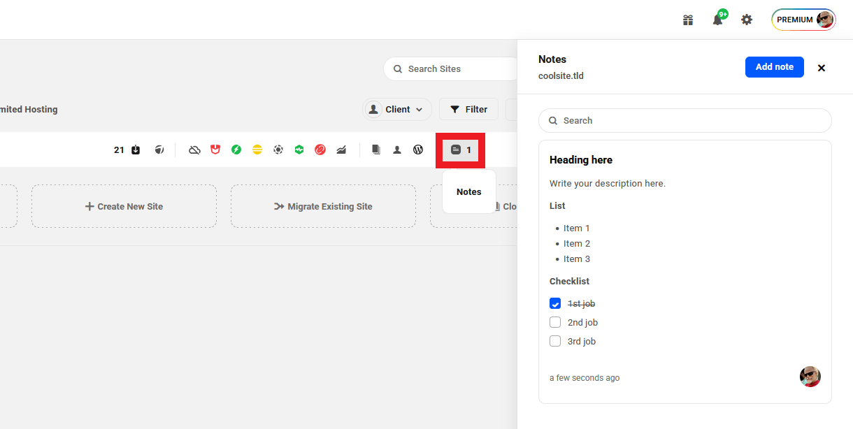Allows the user to view the Notes icon and panel on the site list and site overview, and to search for notes