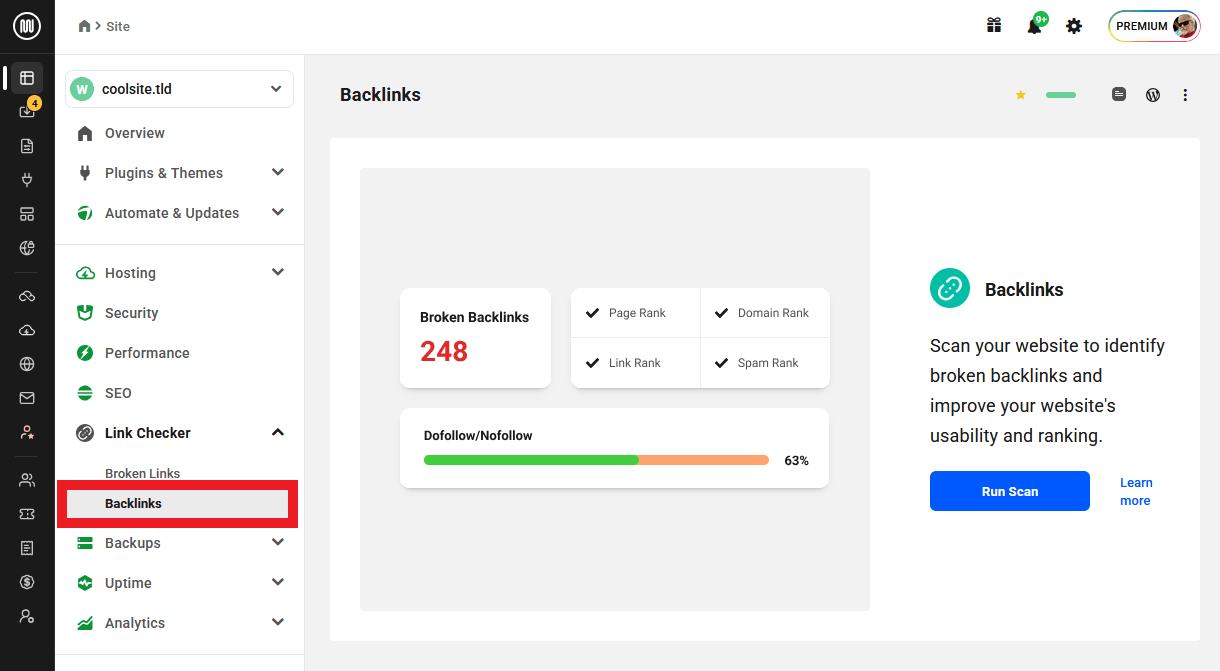 Allows the user to access the Backlinks module and view data